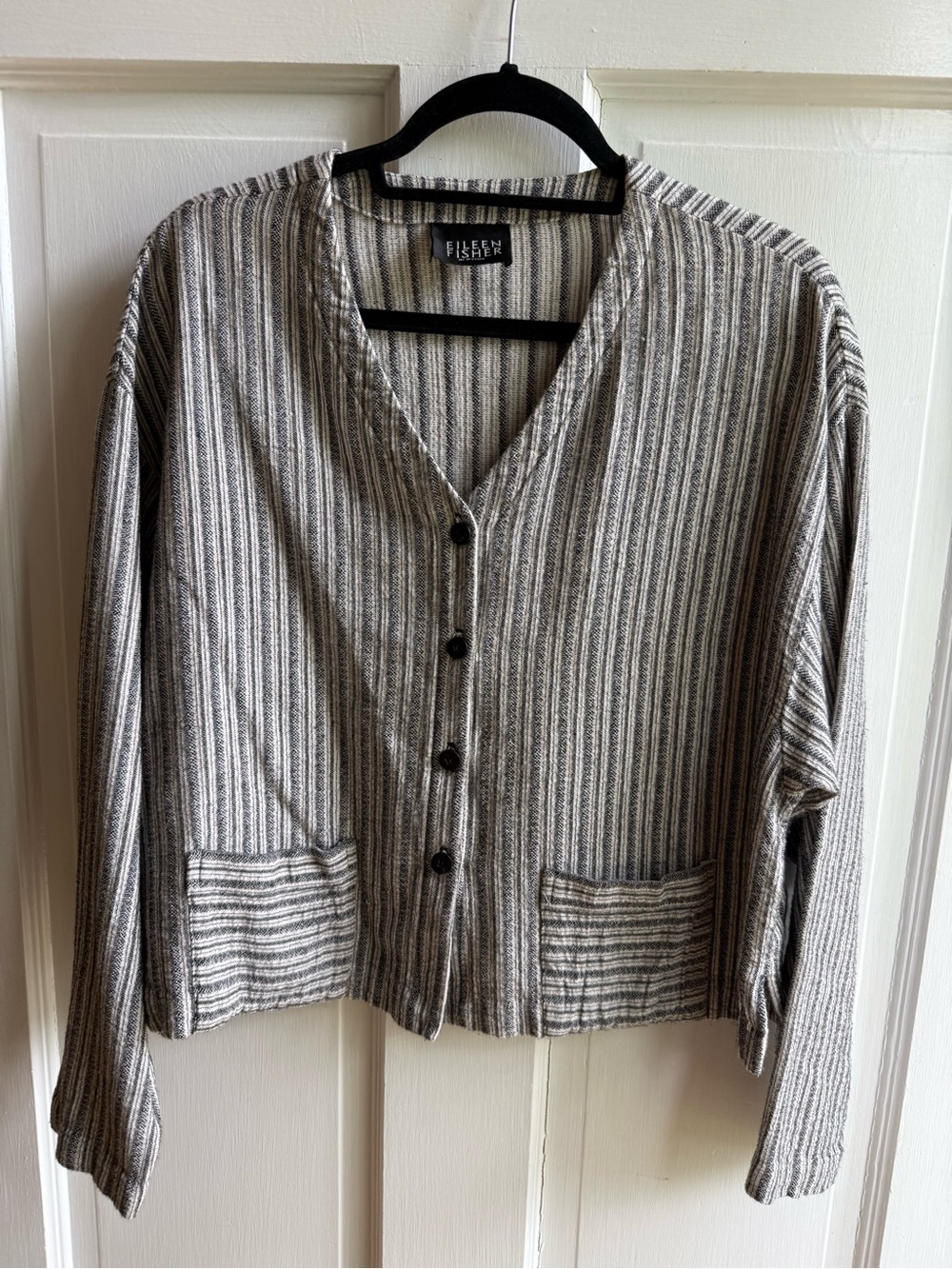 Eileen Fisher Vertical Striped Button-Front Cardigan in Beige, Cream, Gray